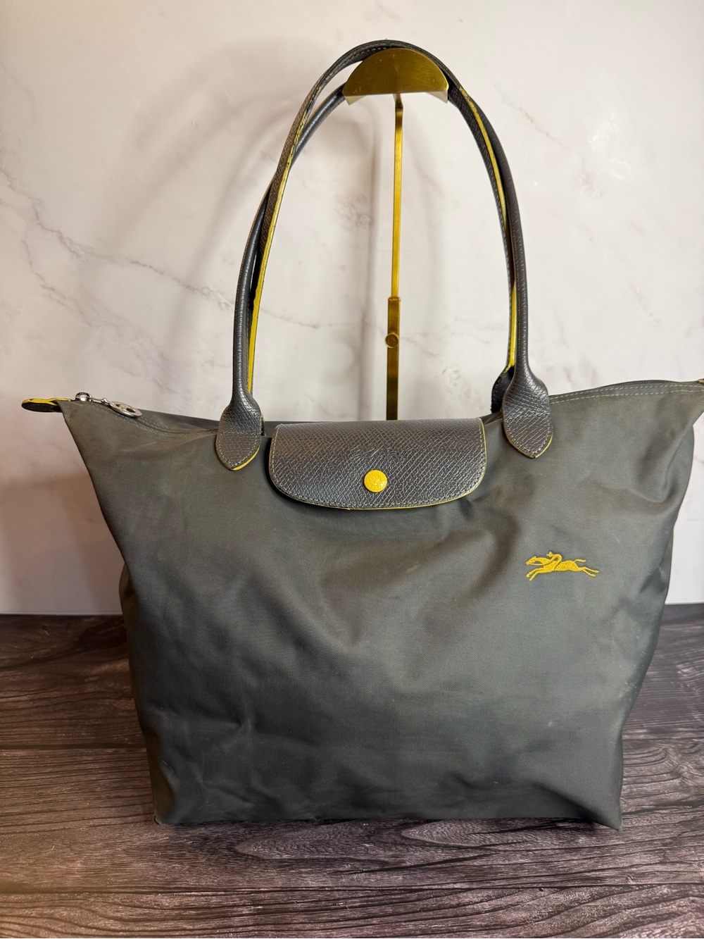 Longchamp Gray Yellow Nylon Leather Shoulder Tote Bag Horse Logo